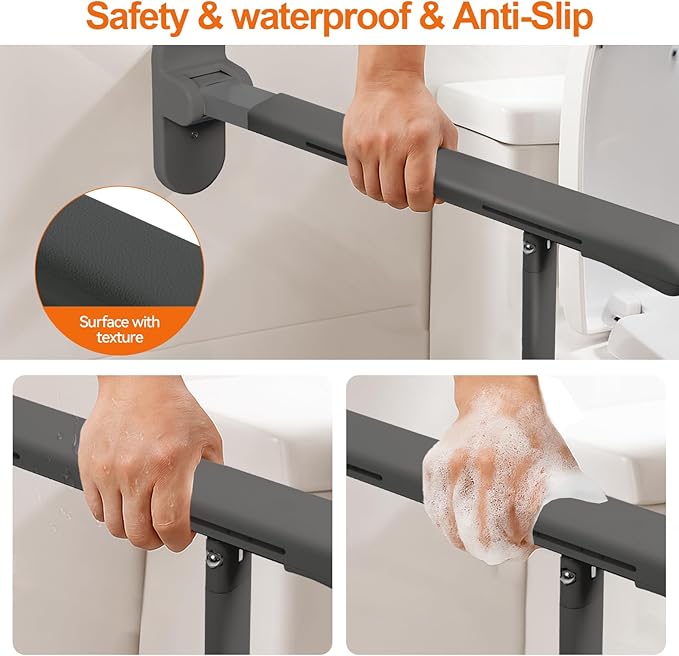 SPECILITE Heavy Duty Toilet Grab Bar - 440lb Sturdy Support, Safety Rails with Non-Slip Waterproof handrail & Night Glow Strips, Space Saving Flip-Up Design for Elderly, Disabled, Pregnant(Grey)