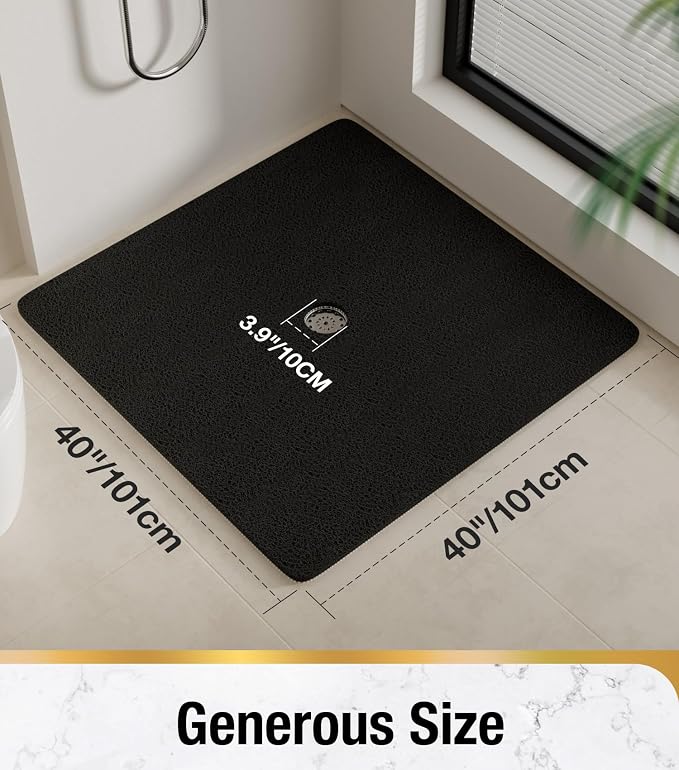 HITSLAM Square Shower Mat, 40 x 40 Inch Non Slip Bath Mat for Tub, Soft PVC Loofah Bathtub Mats with Drain Holes, Quick Drying Bathroom Stall Floor Mat, Bathroom Accessories Without Suction Cup, Black