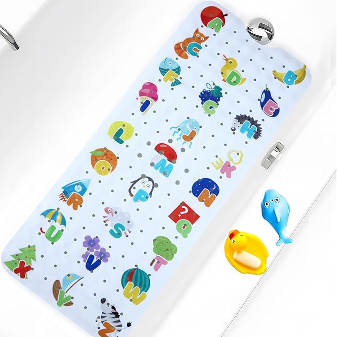 Baby Bath Mat for Tub Non Slip Kids Bathtub Mat Extra Long 40X16 Inch Toddler Bath Tub Shower Mat Anti Slip with Suction Cups & Drain Holes, Machine Washable (Alphabet)