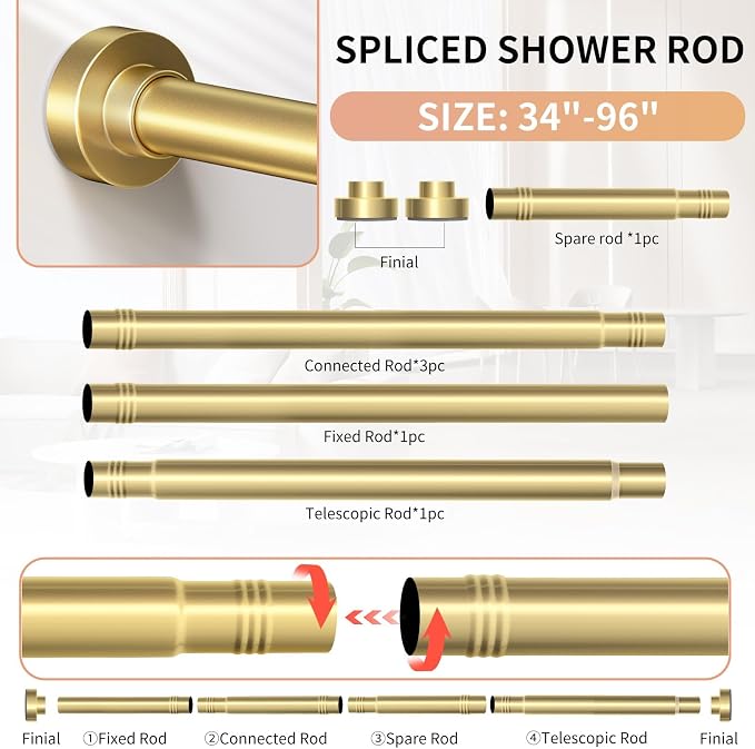 Gold Shower Curtain Rod 34-96 Inches(2.8-8ft) Never Rust Adjustable Shower Rod Spring Tension Non Slip No Drilling Shower Rods for Bathroom Garland Window