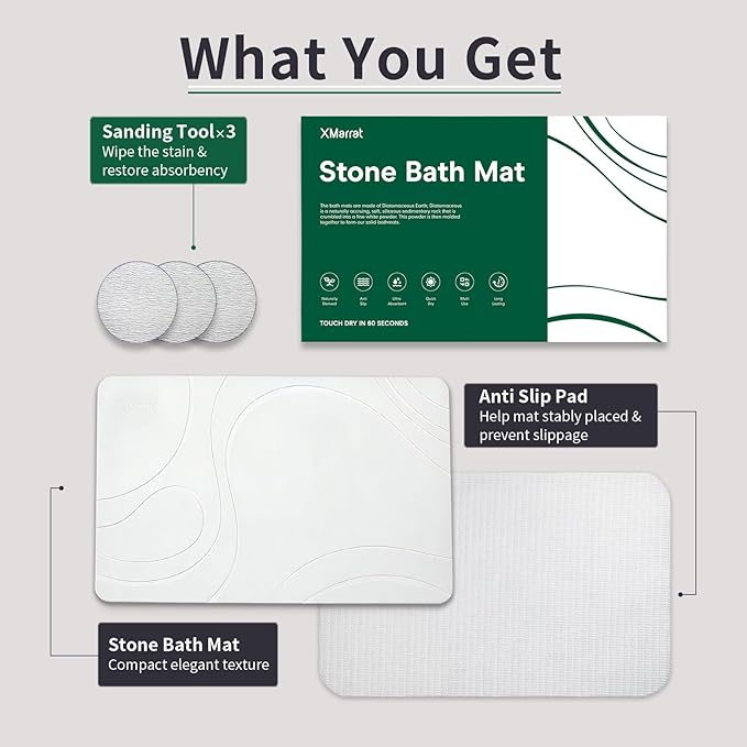 XMarrat Stone Bath Mat, 23.6'' x 15.4'' Super Absorbent Diatomaceous Earth Bath Mat Large, Quick Drying Non-Slip Diatomite Stone Bath Mats for Bathroom, Easy to Clean