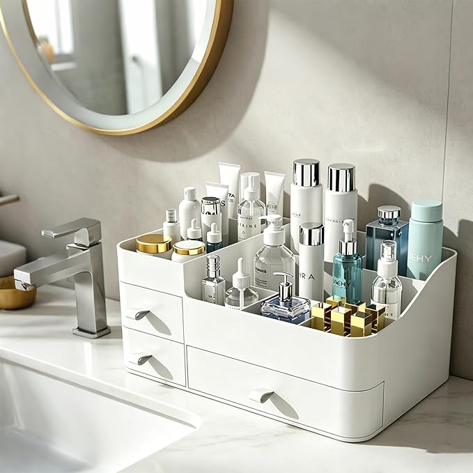 Makeup Organizer with Drawers, Bathroom Counter Organizer, Plastic Cosmetic Display Case, Large Skincare Storage for Vanity Countertop, Ideal for Bedroom Dresser top and Desktop