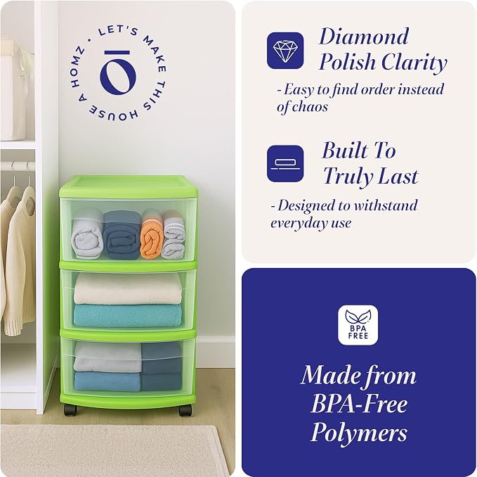 HOMZ Drawer Tower, 3-Tier Clear Plastic Storage Organizer Cart, Bold Lime Frame - Rolling Drawer Containers with Wheels for Bathroom, Bedroom, Office, and Classroom Organization