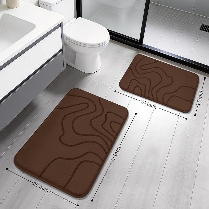 YIHOUSE Memory Foam Bathroom Rugs Sets 2 Piece - Extra Thick Ultra Soft Absorbent Bath Mat Set, Non-Slip Machine Washable Bath Rugs for Bathroom, Tub & Shower, Home Decor (32"x20"+24"x17", Coffee)