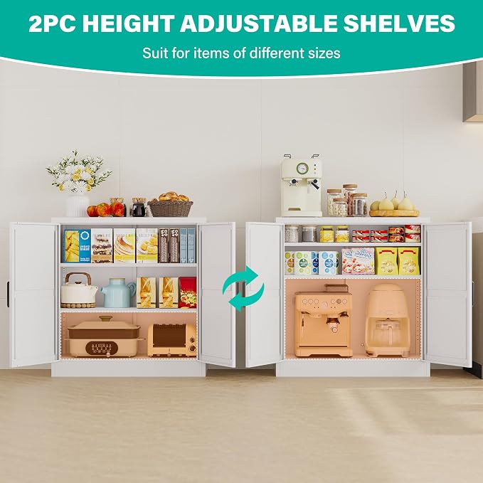 Metal Storage Cabinet with Doors & Adjustable Shelves, 36" Tall Farmhouse Pantry Cabinet, Small Sideboard for Kitchen, Dining, Living & Laundry Room, White