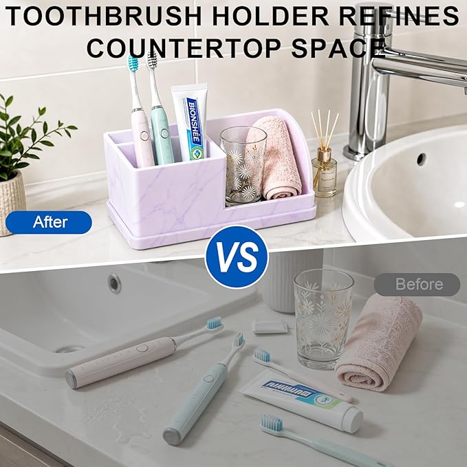 Bathroom Toothbrush Holders, 4 Slots Silicone Counter Organizer Storage with Purple Marble Texture, Detachable Anti-Slip Vanity Organizer for Electric Toothbrush, Toothpaste & Phone