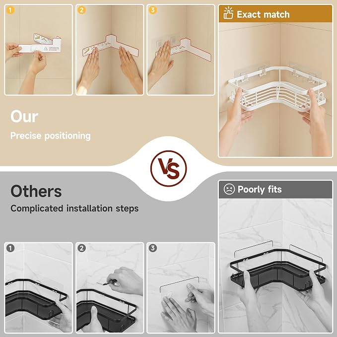 Veken Corner Adhesive Shower Caddy 3-Pack with Soap Holder&Hooks,No Drilling Shower Shelves,Rustproof & Waterproof Bathroom Organizers and Storage,Rack for Small Spaces, Kitchen&Rental-Friendly,White