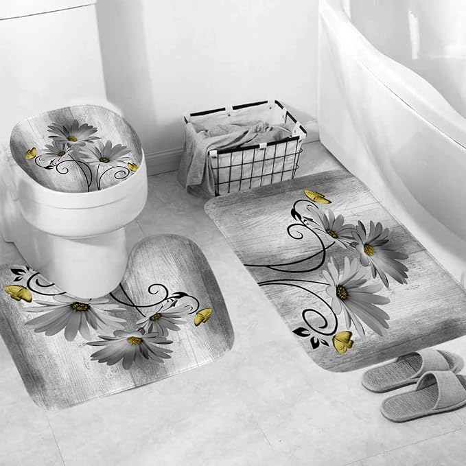 Onalasyc 4PCS Grey Daisy Flowers Butterfly Shower Curtain Set with Shower Curtain and Carpet and Accessories, Waterproof Bathroom Shower Curtain Decorative Set with 12 pcs Hooks,71 x 71in