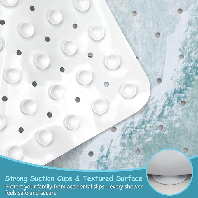 Beach Square Anti Slip Shower Mats for Inside Shower Accessories, Cute Bath Mats for Bathroom Non Slip Shower Floor Mat Sea Decor Rubber Bathmat with Suction and Drain Holes Machine Washable, 21″X21″
