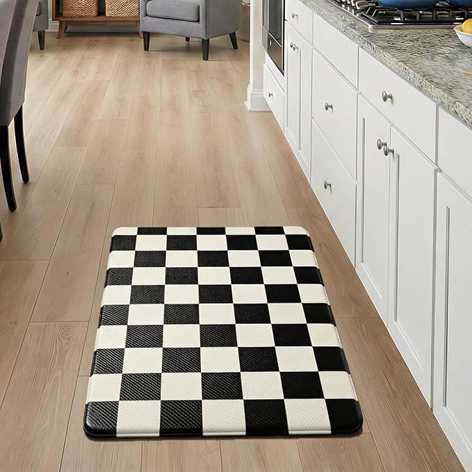 Beige Black Checkered Grid Checkerboard Kitchen Rug Sets [1 PC], Anti-Fatigue, Waterproof Non-Slip Kitchen Mats Heavy Duty Comfort Foam Rug for Kitchen, Floor, Laundry,17"x29"