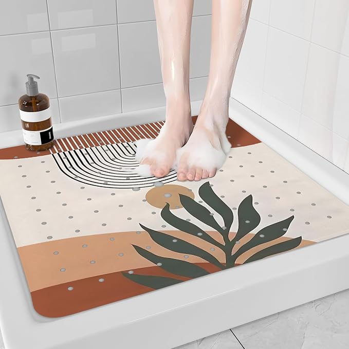 Leaves Square Anti Slip Shower Mats for Inside Shower Accessories, Boho Bath Mats for Bathroom Non Slip Shower Floor Mat Decor Rubber Bathmat with Suction and Drain Holes Machine Washable, 21″X21″