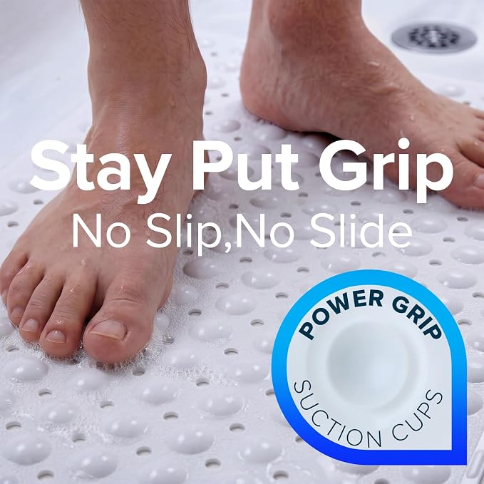 SlipX Solutions Power Grip Extra Long Bath Tub & Shower Mat 39x16, Wet Floor Non-Slip for Elderly & Kids Bathroom, 30% Longer Bathtub Mats, 200 Suction Cups, Drain Holes (White)