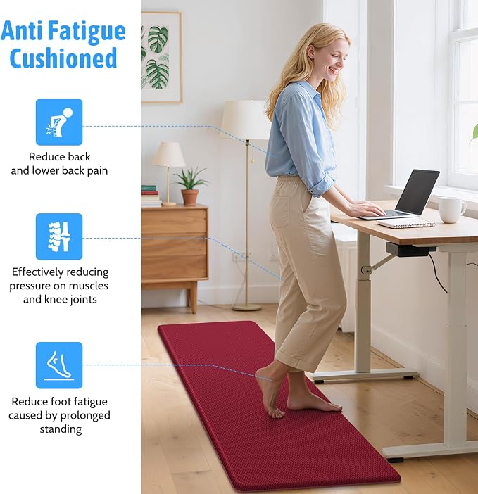 StepLively Kitchen Mat, 2 PCS Kitchen Rugs, Cushioned Kitchen Mats for Floor, Anti Fatigue Kitchen Rug Set, Non-Skid Standing Mat for Kitchen, Office, Sink, 17.3"x30"+17.3"x59", Red