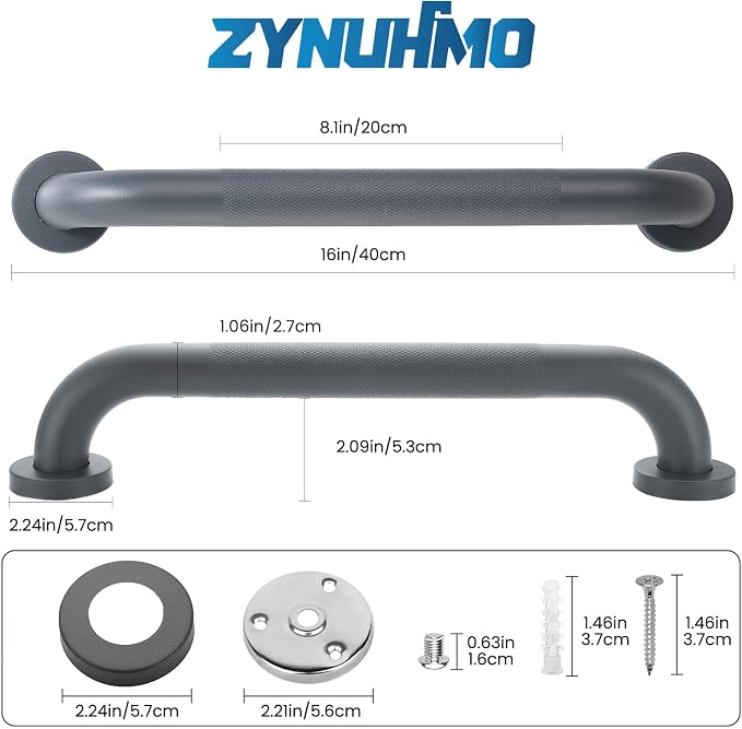 Grab Bars for Shower, Zynuhmo 2 Pack 16 Inch Anti Slip Stainless Steel Bathroom Safety Shower Grab Bar Handrails for Handicap Injury Pregnant Senior Assist Shower Handles(Gun Grey, 1.25" Diameter)