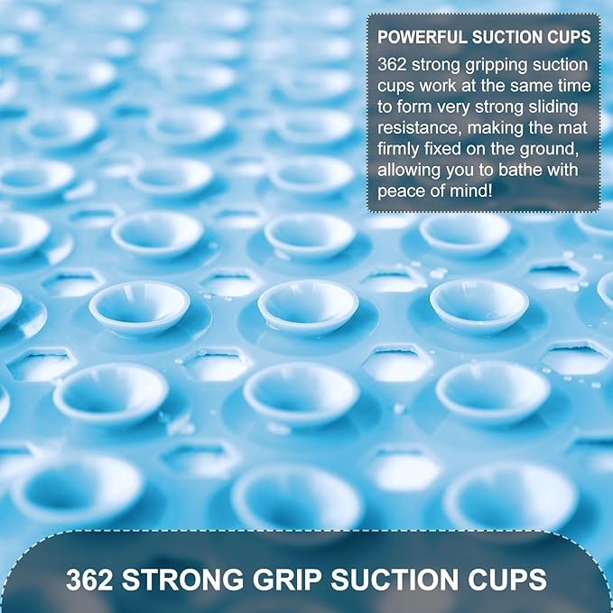 TEESHLY Bath Tub Shower Mat, Non Slip Bathtub Floor Liner Mats with Suction Cups and Drain Holes, Machine Washable Bathmat for Bathroom Floor Safety, 40 x 16 Inch, Sky Blue
