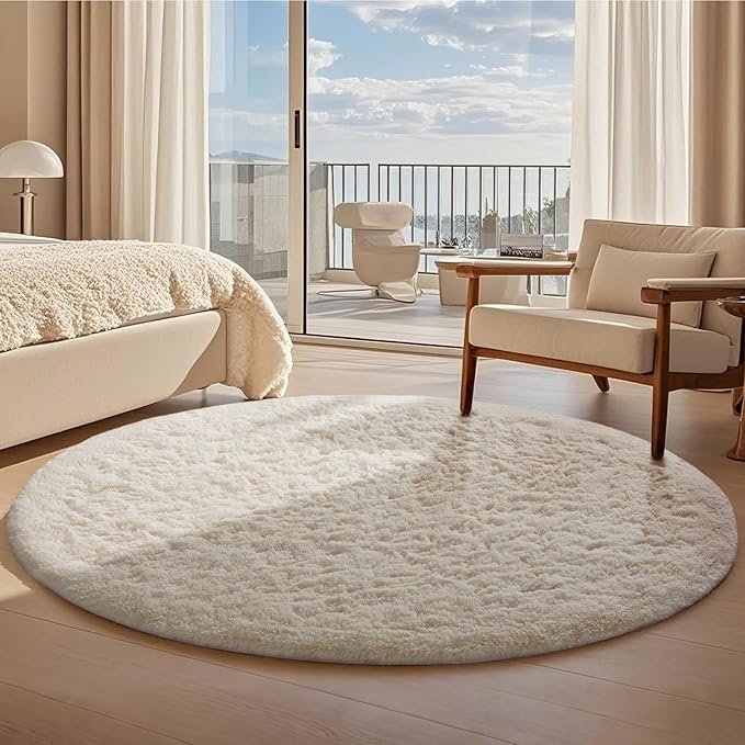 Ophanie Round Rugs 8Ft Ivory Circle Area Rug, Aesthetic Room Decor, Fluffy Fuzzy Bedroom Carpet, Plush Soft Shaggy Cream Living Room Rugs for Kids Home, Nursery