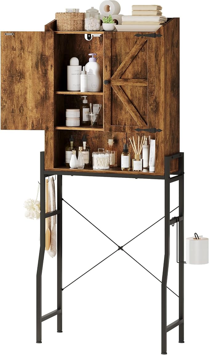 Memobarco Over The Toilet Storage Cabinet, Over Toilet Organizer with 2-Door & Metal Stand, Bathroom Organizers and Storage with Adjustable Shelves for Bathroom, Restroom, Laundry, Rustic Brown