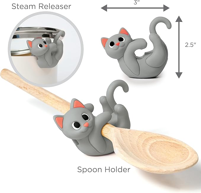 Gray Cat Spoon Rest for Stove Top – Silicone Pot Clip Utensil Holder & Lid Lifter – Funny Kitchen Gadget, Unique Grey Tabby Cat Gifts for Women – 3" x 2.5"