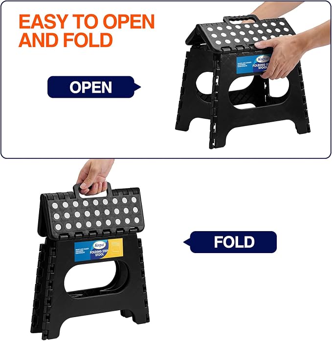 Korpai 11" Folding Step Stool for Adults and Kids Holds Up to 300 lbs,Non-Slip Folding Stools with Portable Handle, Compact Plastic Foldable Step Stool for Bathroom,Bedroom, Kitchen Black, 1PC