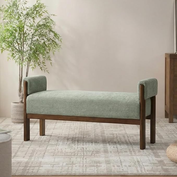 VKNOW End of Bed Bench, 51.8” Modern Upholstered Bedroom Bench Indoor Bench with Arms, Entryway Bench with Solid Wood Frame for Bedroom Living Room, Light Green