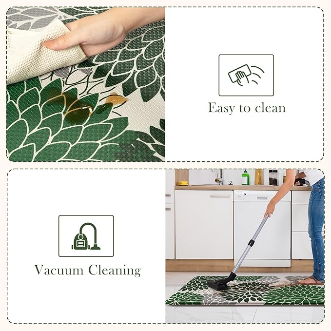 Anti Fatigue Kitchen Mat 2PCS,Boho Dahlia Floral Kitchen Rugs Non Slip Rubber Backing,Waterproof Farmhouse Kitchen Mat for Floor,Cushioned Standing Mat Christmas Decor for Laundry,Sink,Desk,Green