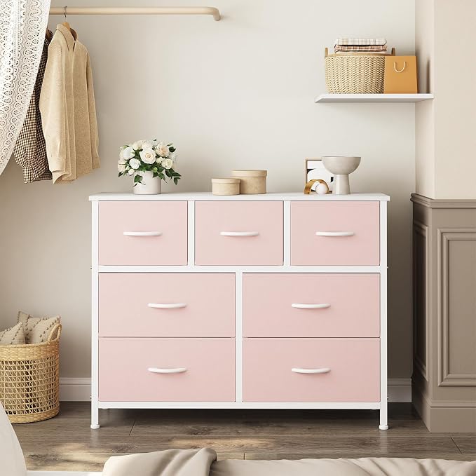 Sweetcrispy 7 Drawer Dresser with Fabric Bins, Fabric Storage Tower Organizer for Bedroom, Closet, Hallway, Entryway, Tall Chest of Drawers with Steel Frame, Wood Top, Large Storage, Pink
