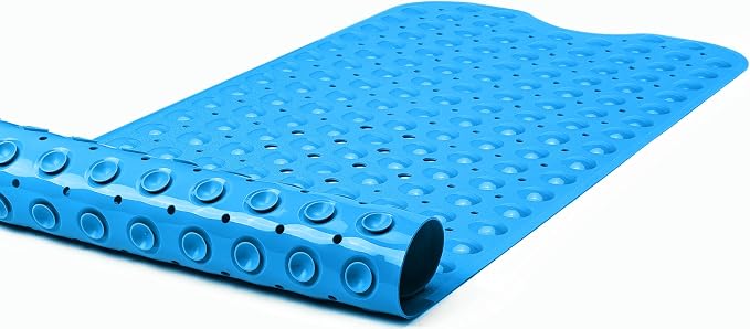 Extra-Long Non-Slip Bathtub & Shower Mat 39”x16” (Smooth/Non-Textured Tubs Only) Safe, Clean, Machine-Washable, Superior Grip&Drainage, Vinyl, Opaque Light Blue
