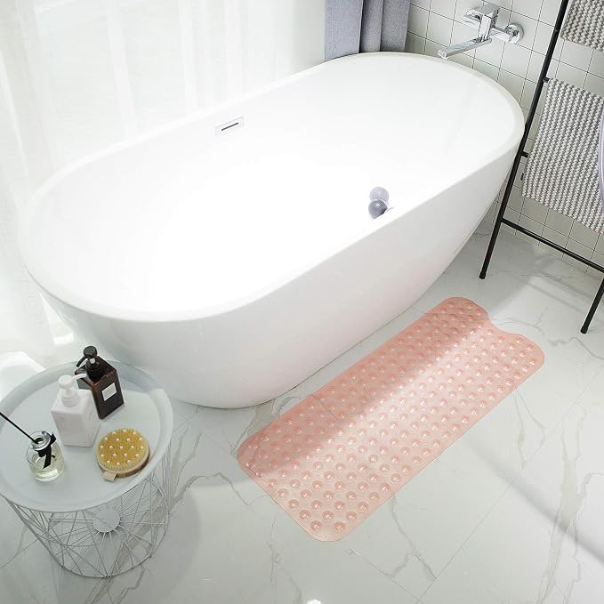 TEESHLY Bathtub Mats for Shower Tub, Extra Long Non-Slip 39 x 16 Inch Bath Mat with Drain Holes and Suction Cups, BathMat for Bathroom with Machine Washable (Clear Coral Pink)