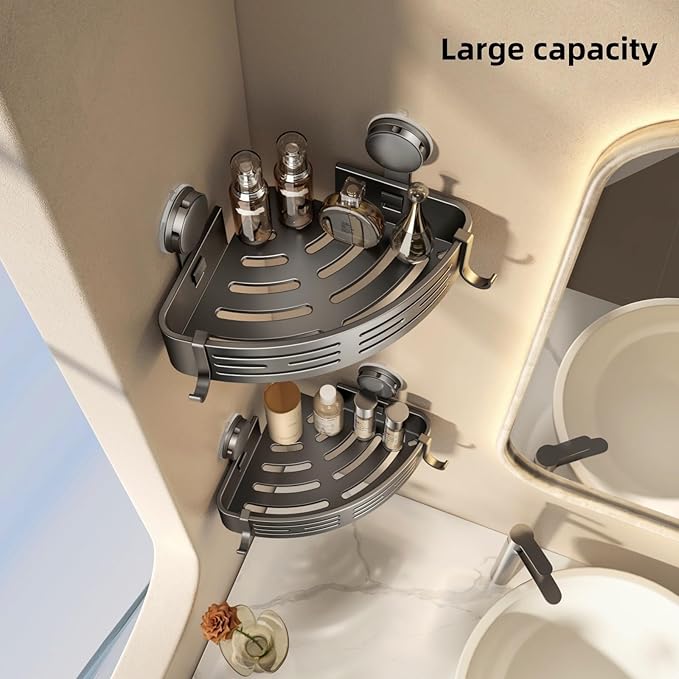VOLPONE Corner Shower Caddy Suction Cup Shower Shelf Corner No Drilling Bathroom Shower Organizer Storage Rack Adhesive Without Towel Bar (2-Pack, Gray)