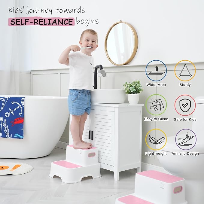 Harwaya Pink Toddler Step Stool for Bathroom Sink 2 Pack, Kids Step Stools for Girls Toilet Potty Training, Plastic Stepping Stool for Toddlers Child Kid Kitchen Bedroom (Included Two Faucet Extender)