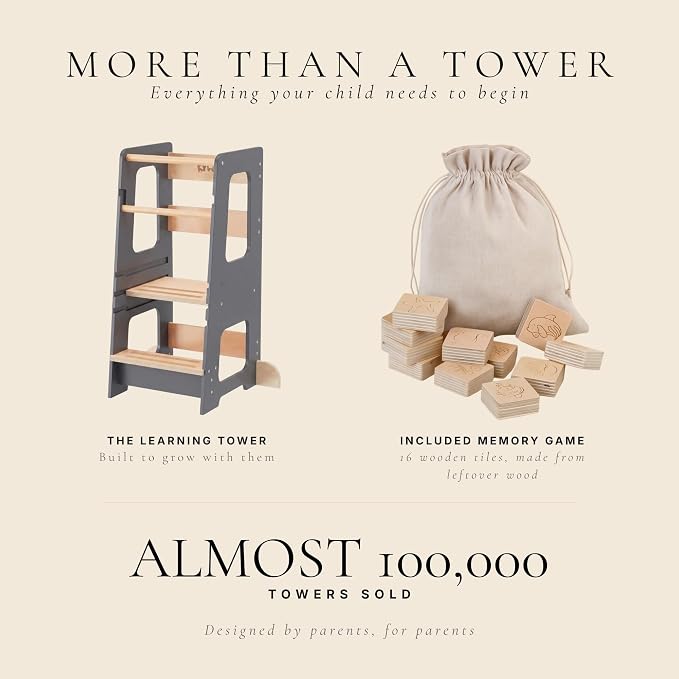 Toddler Tower for Kids, Adjustable Wooden Standing Tower & Kitchen Step Stool, Anti-Tip Montessori Tower with Removable Safety Rails & Non-Slip Steps - Sustainable Reclaimed Wood (Gray)