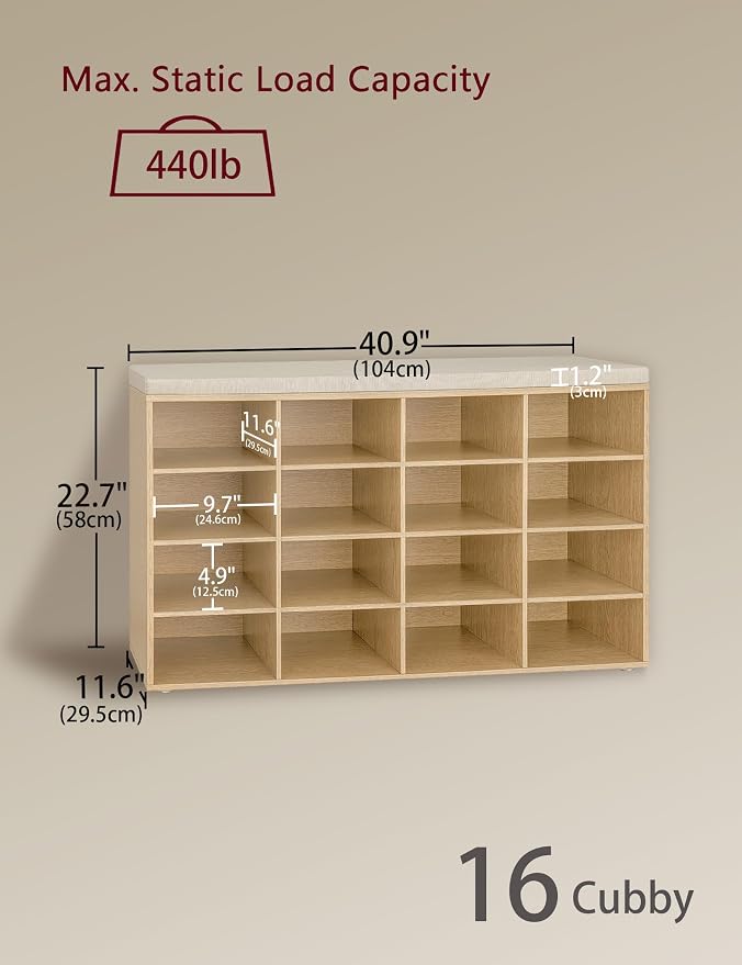 DINZI LVJ Shoe Storage Bench with Cushion, 16-Cubby Shoe Rack, Adjustable Shelves, 40.9" Long Shoe Organizer Bench for Entryway, Mudroom, Hallway, Garage, Natural and Cappuccino Beige