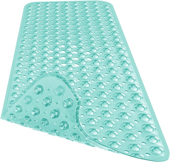 Extra Long Bathtub Mat Non Slip, Clear Green Soft Bath Mat for Tub 40 x 16 Inch Full Size, Bath Tub Shower Mats for Bathroom Floor, Big Suction Cups and Drain Holes, Easy Washable, BPA Free