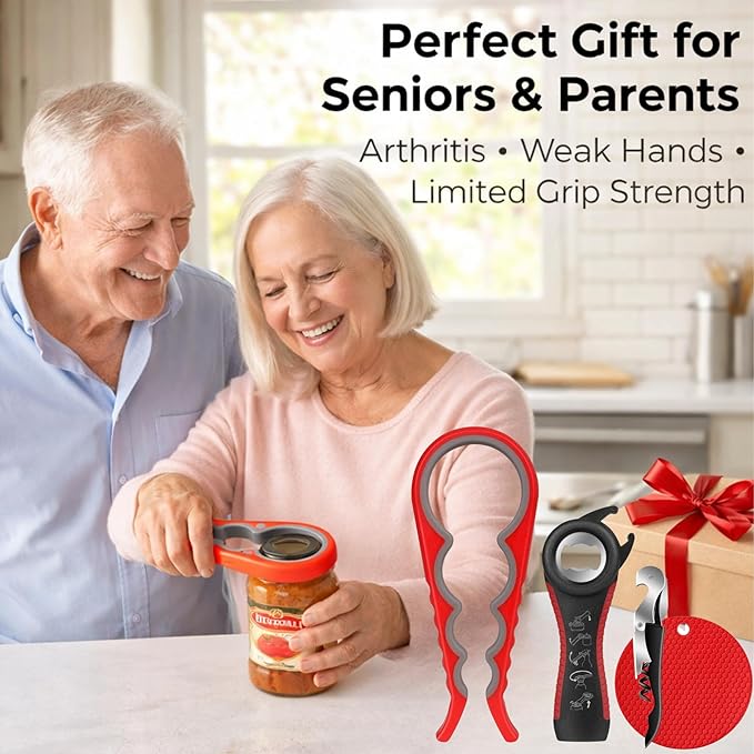 Can Openers for Seniors with Arthritis 4PC-Set Jar Lid & Water Bottle Openers for Seniors | Kitchen Essentials for New Home Gadgets Gifts for Elderly | Non-Slip Silicone Rubber Gripper Pad