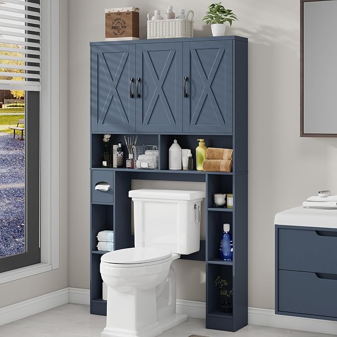Over The Toilet Storage Cabinet, Farmhouse Toilet Cabinet Rack with 3 Barn Doors, Space Saving Bathroom Organizer with Shelves, Toilet Paper Holder and Towel Rack for Bathroom,Restroom,Laundry,Blue
