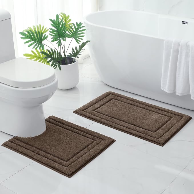 HOMEIDEAS Bathroom Rugs Sets 2 Piece, Super Soft and Absorbent Non Slip Microfiber U-Shaped Toilet Bath Mat Set (20"x32"+U20 x24, Brown)