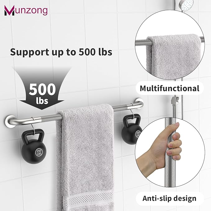 3 Pack Commercial Handicap Grab Bars Bundle, Munzong 18" 36" 42" Brushed Nickel Bathroom Grab Bar for Shower, 1.25" Diameter Anti Slip Bathroom Balance Bar,Safety Hand Rail for Elderly Injury Senior