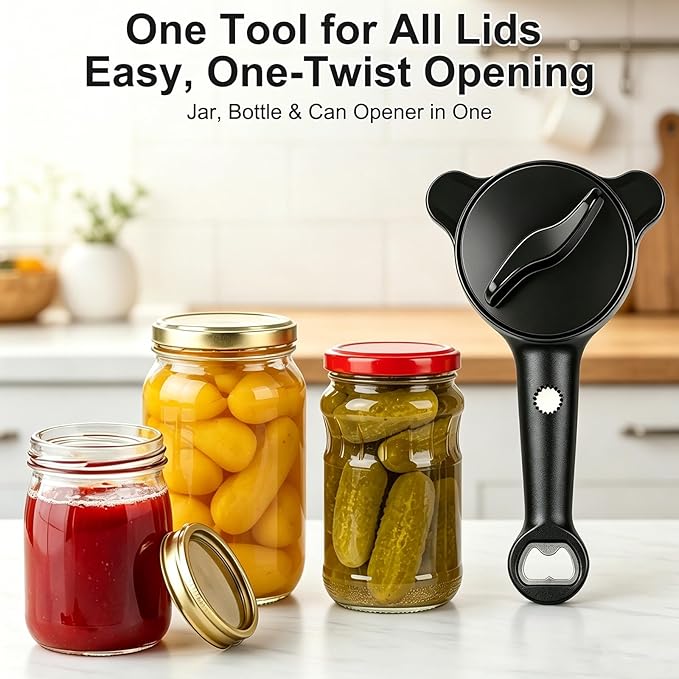 Jar Openers for Seniors, 4-in-1 Can Opener for Weak Hands & Seniors – Ergonomic Non-Slip Handle, Fits 1-3.5 Inch Kitchen Mason Jars, Bottles & Cans (Black)