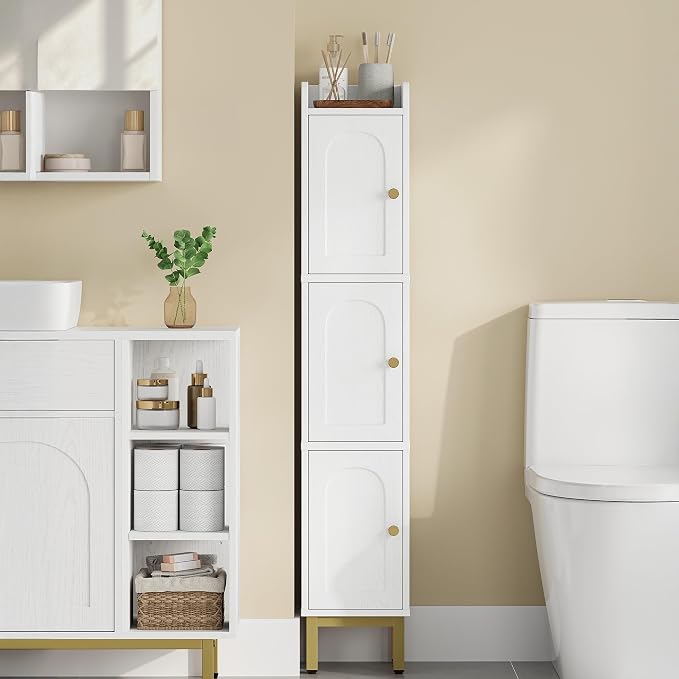 Hzuaneri Slim Bathroom Storage Cabinet, Narrow Bathroom Organizers and Storage with 4 Adjustable Feet, Laundry Room Organization for Small Space, Kitchen, Living Room, 3 Doors White BC22313G