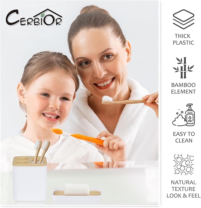 CERBIOR Bathroom Accessories Set 6 Piece Bamboo Bath Ensemble Includes Soap Dispenser, Toothbrush Holder, Toothbrush Cup, Soap Dish for Decorative Countertop and Housewarming Gift (White)