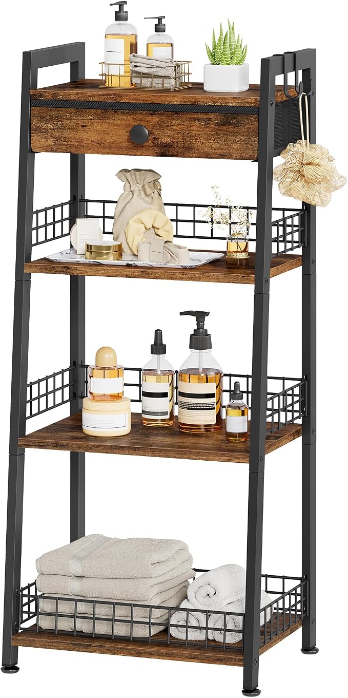 Gewudraw 4-Tier Ladder Shelf with Drawer, Bathroom Table Stand for Small Space, Bathroom Standing Shelves with Storage for Living Room Bedroom Kitchen, Organizer Shelf, Rustic Brown