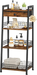 Gewudraw 4-Tier Ladder Shelf with Drawer, Bathroom Table Stand for Small Space, Bathroom Standing Shelves with Storage for Living Room Bedroom Kitchen, Organizer Shelf, Rustic Brown