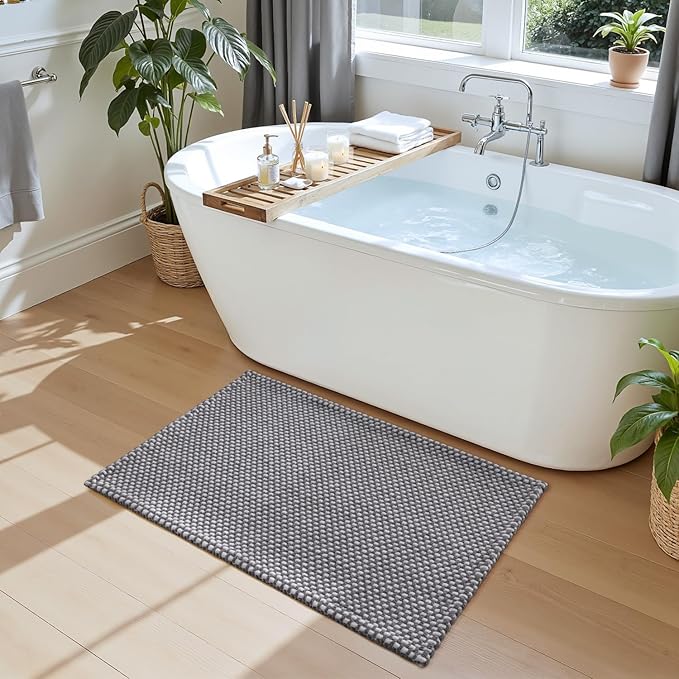 DEXI Bathroom Rugs 36x24, Non Slip Washable Bath Mat, Absorbent Chenille Bathmat, Ultra Soft Thick Carpet for Tub Shower Floor, Grey and White