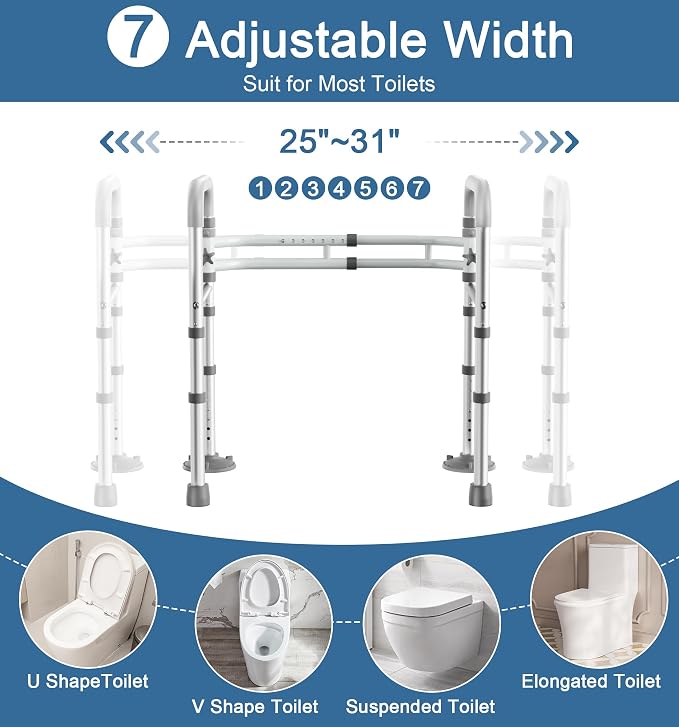 Toilet Safety Rails for Seniors (350 LBS), Adjustable Toilet Safety Frame for Elderly and Disabled, Foldable Handicap Toilet Assistance Rail Fits Most Toilets, White