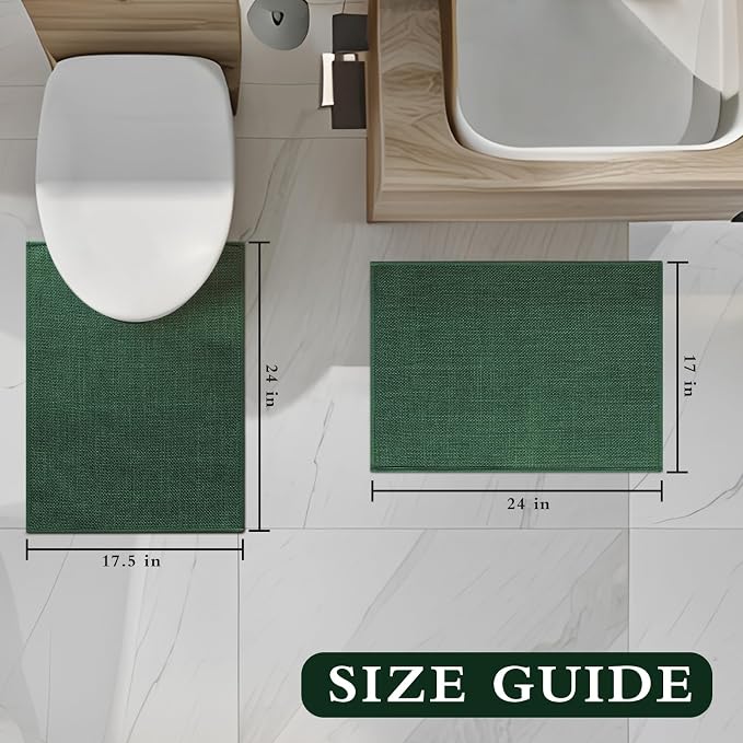 YIHOUSE Green Bathroom Rug Sets 2 Piece, Bath Mat Quick Dry, Thin Bath Rug Set, Absorbent Bath Mat for Bathroom Non Slip Washable for Toilet and Floor 17.5"x24"U+17"x24"