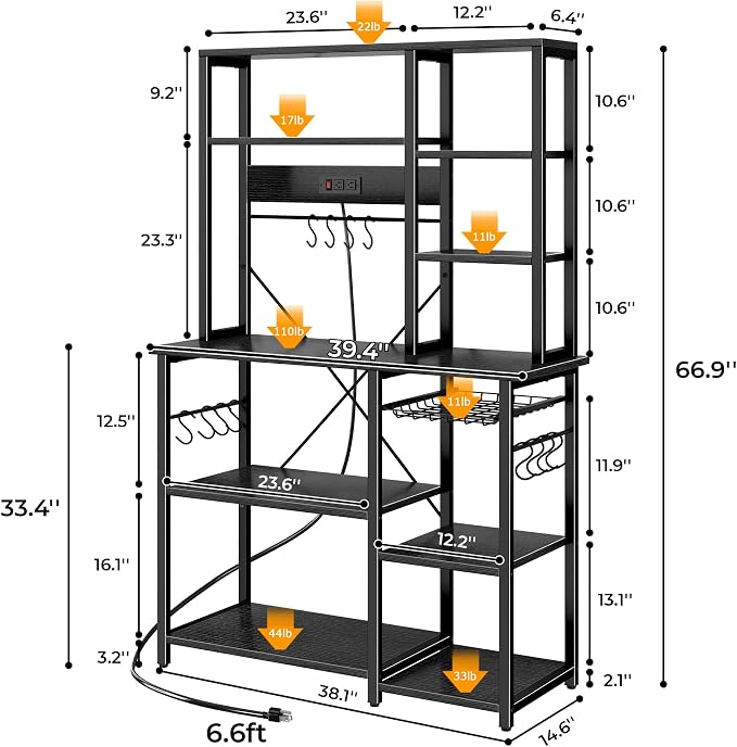 SUPERJARE Large Bakers Rack with Power Outlets, 6-Tier Microwave Stand, Coffee Bar with 12 S-Shaped Hooks, Kitchen Shelf with Wire Basket, 39.4 x 14.6 x 66.9 Inches, Black