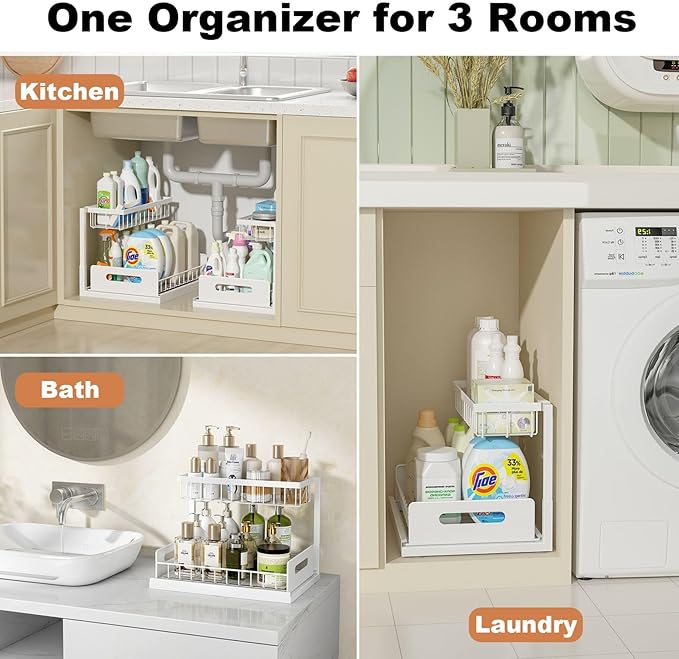 REALINN Under Sink Organizer, Pull Out Cabinet Organizer, 2 Tier Metal Slide Out Shelf with L Shaped Design for Kitchen, Bathroom, Laundry, and Utility Cabinet Storage for Deep Cabinets, White, 2 Pack