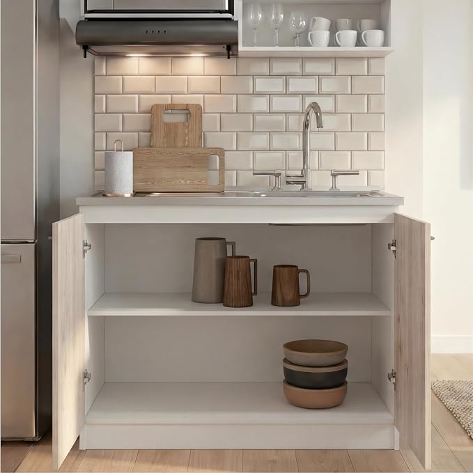 Tuhome Napoles Utility Sink Base Cabinet with Integrated Stainless Steel Countertop, Freestanding Cabinet with Double Doors, Interior Shelf for Laundry Room, Utility Room, Mudroom or Kitchen
