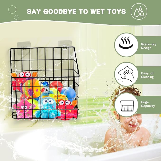 Greentainer 2 Pack Bath Toy Storage Organizer, Large Rustproof Metal Wire Basket, Wall Mounted Hanging Bathtub Holder, Bathroom Shower Caddy for Tub Toys & Toiletries