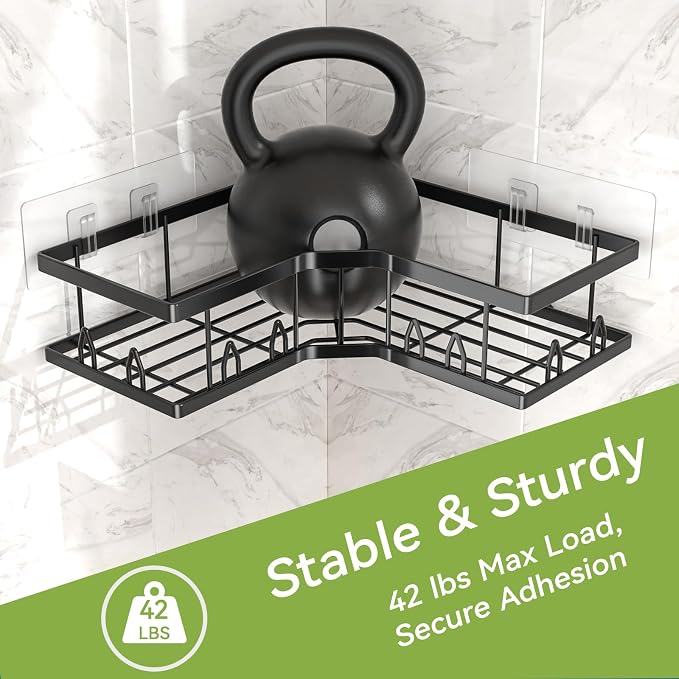 Shower Shelf Corner, Adhesive Shower Caddy Rustproof, Shower Shelves Corner with Soap Holder, No Drilling Shower Corner Organizer for Dorm, Renters Bathroom, Black, 3 Pack